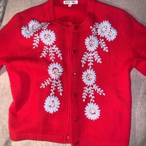 Alex Mill Red Cardigan with blue Floral Embroidery
